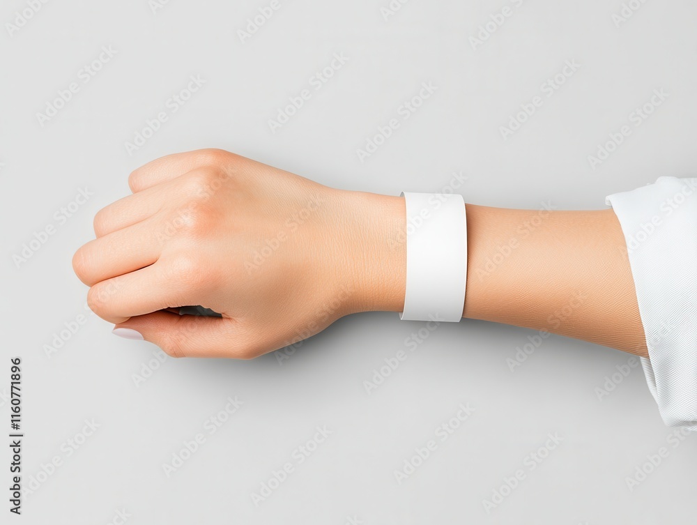 Blank paper wristband mockup. A hand wearing a white wristband on a neutral background, showcasing a minimalist and modern design. Blank paper wristband mockup. A hand wearing a white wristband on a neutral background, showcasing a minimalist and modern design.