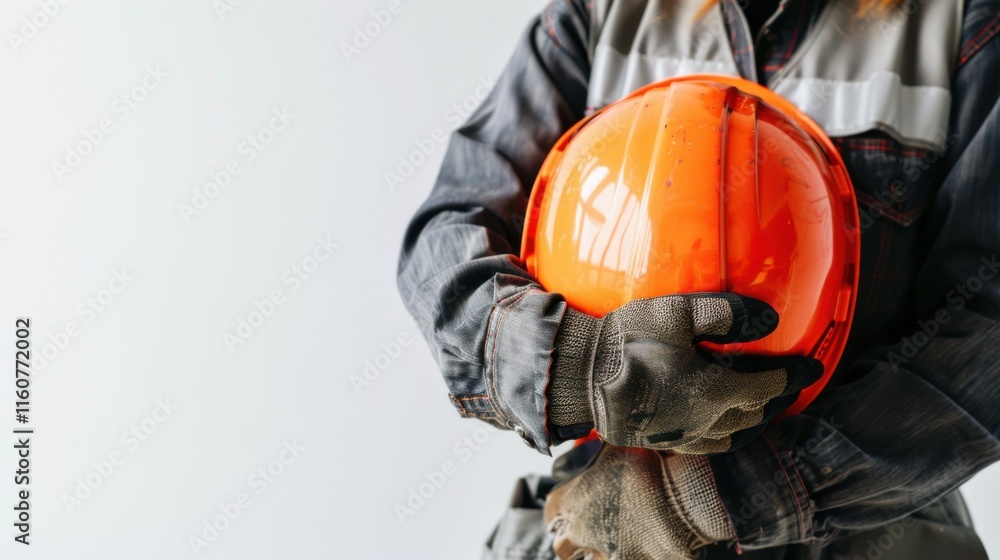 A smiling construction worker wearing safety equipment, holding an orange helmet under their arm, exuding readiness and professionalism against a crisp white background A smiling construction worker wearing safety equipment, holding an orange helmet under their arm, exuding readiness and professionalism against a crisp white background