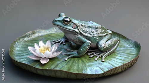 Wallpaper Mural A realistic frog perched on a lily pad beside a delicate white flower, set against a smooth background, showcasing nature's beauty. Torontodigital.ca