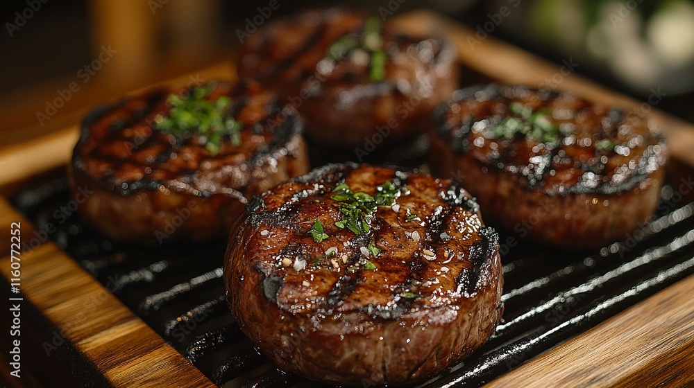Four medium-rare filet mignon steaks topped with salt and fresh herbs are being grilled on a wooden grill. Four medium-rare filet mignon steaks topped with salt and fresh herbs are being grilled on a wooden grill.