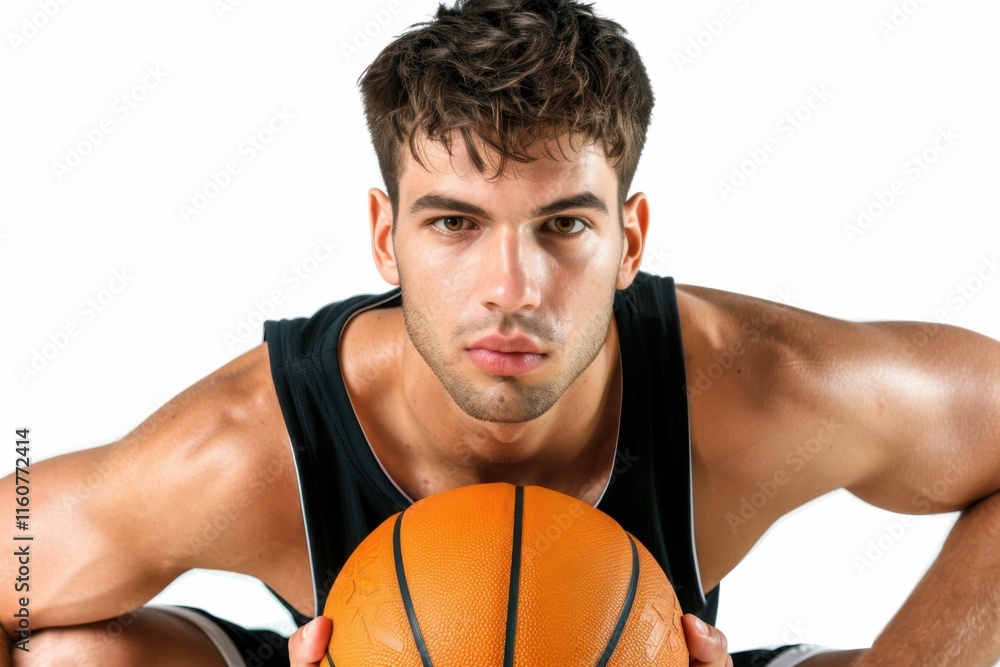 A striking portrait of a male basketball player with a firm grip on the ball, exuding confidence and strength, isolated on a white background A striking portrait of a male basketball player with a firm grip on the ball, exuding confidence and strength, isolated on a white background