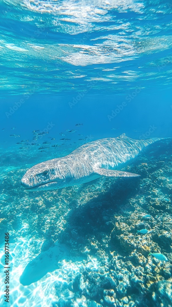 Fototapeta premium An underwater scene featuring a large marine animal swimming over coral reefs.