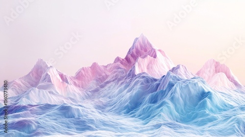 A serene, pastel-colored mountain landscape with soft peaks and flowing textures, evoking a dreamlike, tranquil atmosphere.