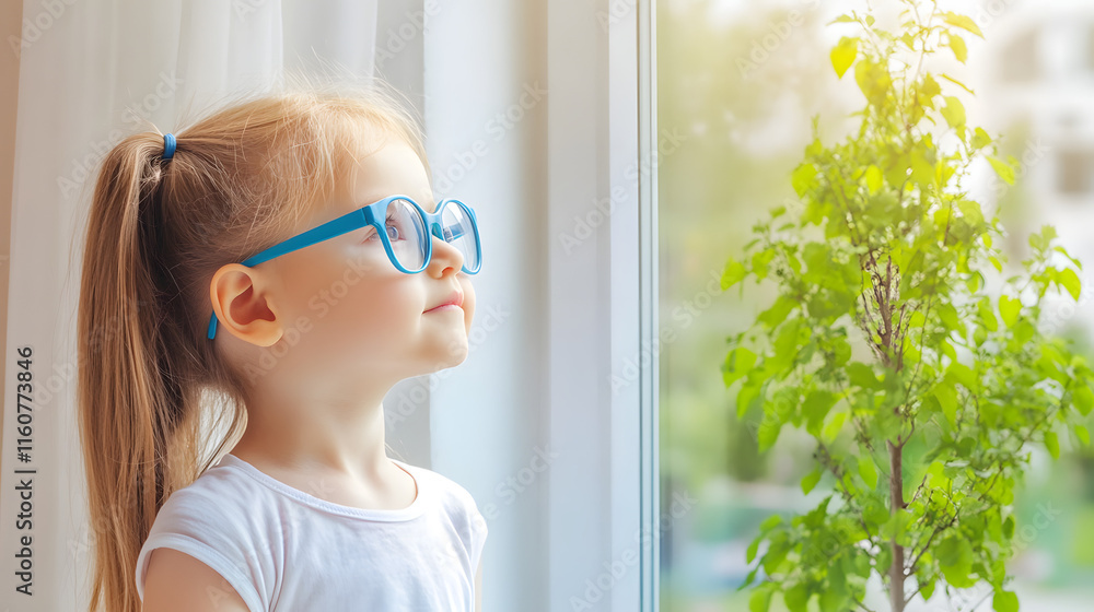 Young child wearing blue glasses focusing on distant tree outside window, symbolizing myopia prevention and importance of outdoor activities. Young child wearing blue glasses focusing on distant tree outside window, symbolizing myopia prevention and importance of outdoor activities.