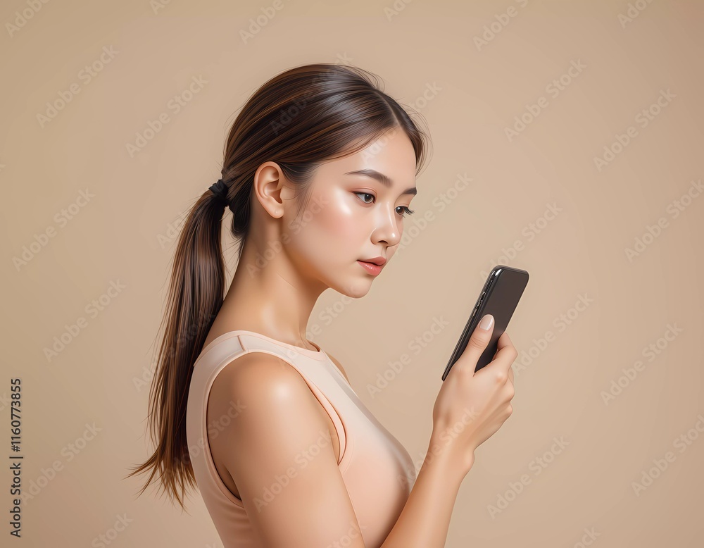 Confident woman with ponytail checks phone while standing. Simple and modern background highlights focus. Confident woman with ponytail checks phone while standing. Simple and modern background highlights focus.