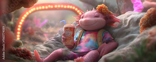 axolotl wearing tie dye shirt and fanny pack enjoys drink in vibrant underwater scene, surrounded by colorful corals and soft lighting, radiating relaxed vibe