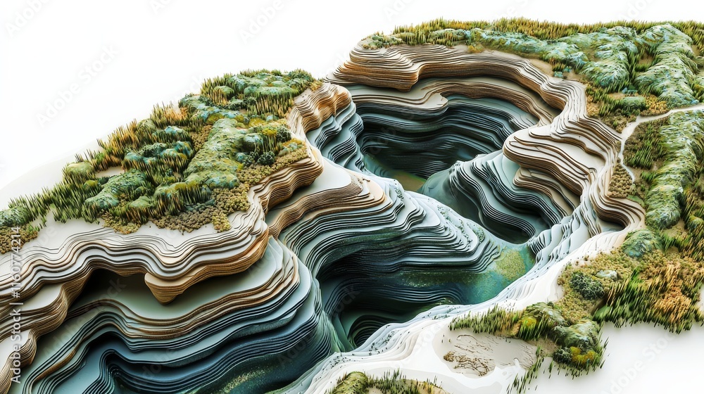 Obraz premium A detailed topographic model showcasing layered terrain, lush vegetation, and water features, illustrating geographical formations in vibrant colors.