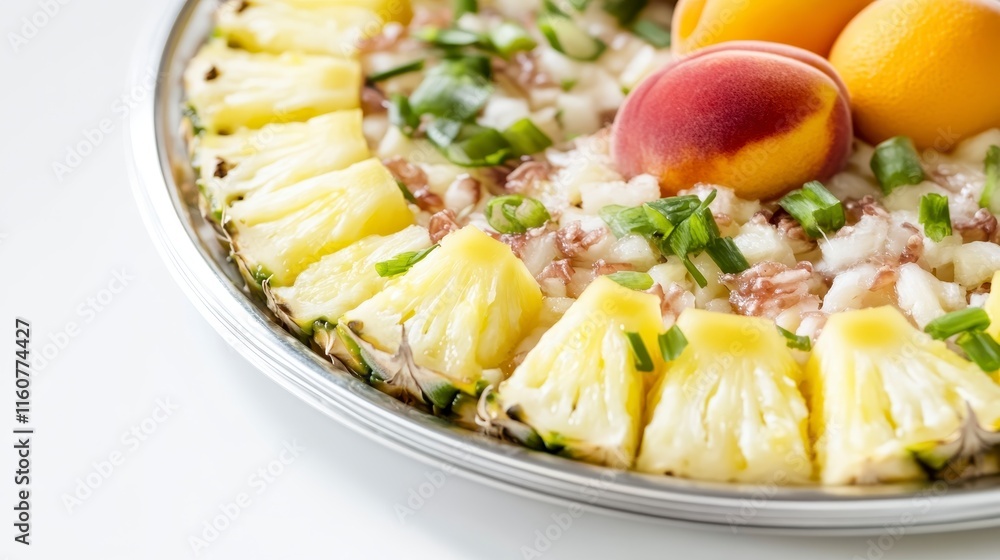 A vibrant dish featuring pineapple and peach slices, garnished with green onions, presented on a silver platter. A vibrant dish featuring pineapple and peach slices, garnished with green onions, presented on a silver platter.