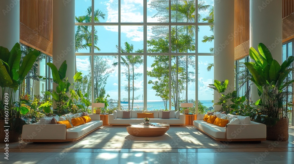 A modern tropical living room with floor-to-ceiling windows and a stunning ocean view. A modern tropical living room with floor-to-ceiling windows and a stunning ocean view.