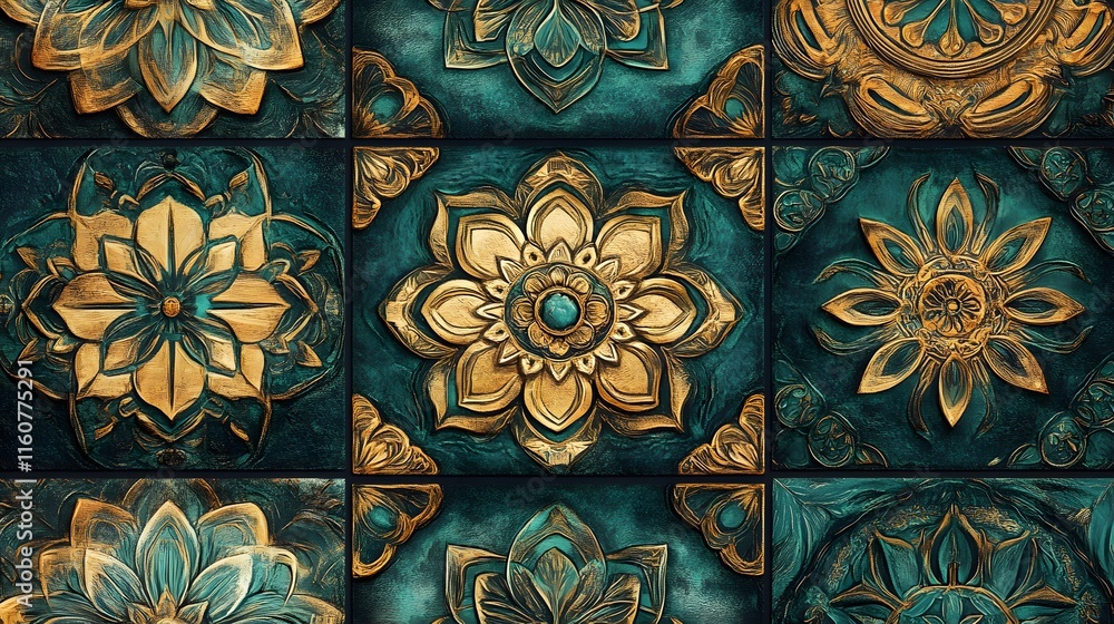 Ornate Floral Patterns in Turquoise and Gold with Intricate Designs and Textures for Elegant Home Decor and Artisan Craft Projects Ornate Floral Patterns in Turquoise and Gold with Intricate Designs and Textures for Elegant Home Decor and Artisan Craft Projects