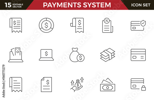 Set of outline Digital Payments Icon Set. Sleek and modern icons for e-commerce, online transactions, and fintech apps, designed to enhance user interfaces and streamline payment processes.