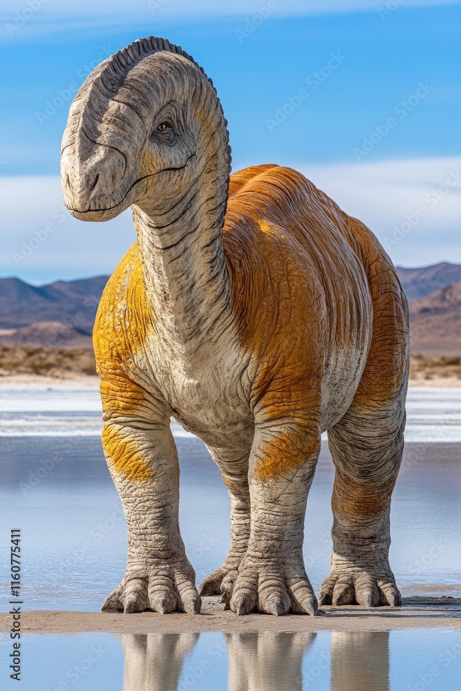 Fototapeta premium A colorful dinosaur stands in a reflective landscape under a clear blue sky.