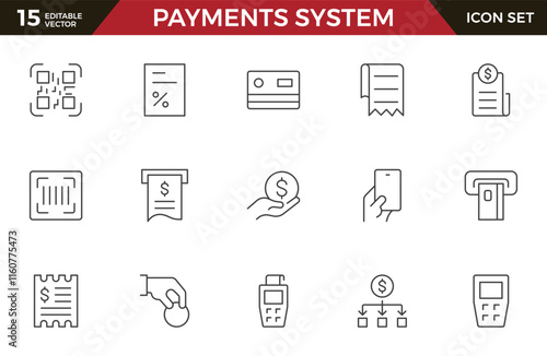 Set of outline Digital Payments Icon Set. Sleek and modern icons for e-commerce, online transactions, and fintech apps, designed to enhance user interfaces and streamline payment processes.