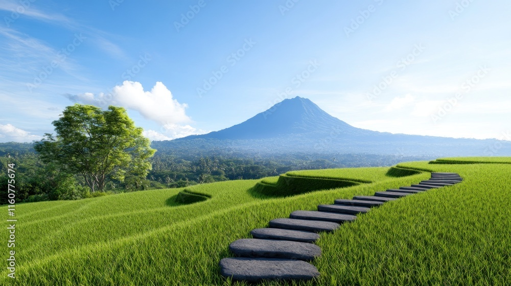 Obraz premium Scenic landscape with rice terraces and a volcano in the background.