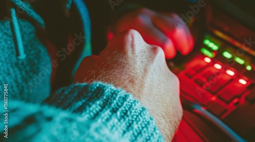 A close-up of a hand on a keyboard, illuminated by colorful lights, suggesting a high-tech or creative environment.