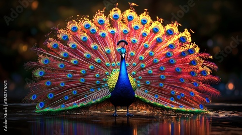 A vibrant peacock displays its stunning multicolored feathers, showcasing a mesmerizing array of patterns and colors against a blurred background.