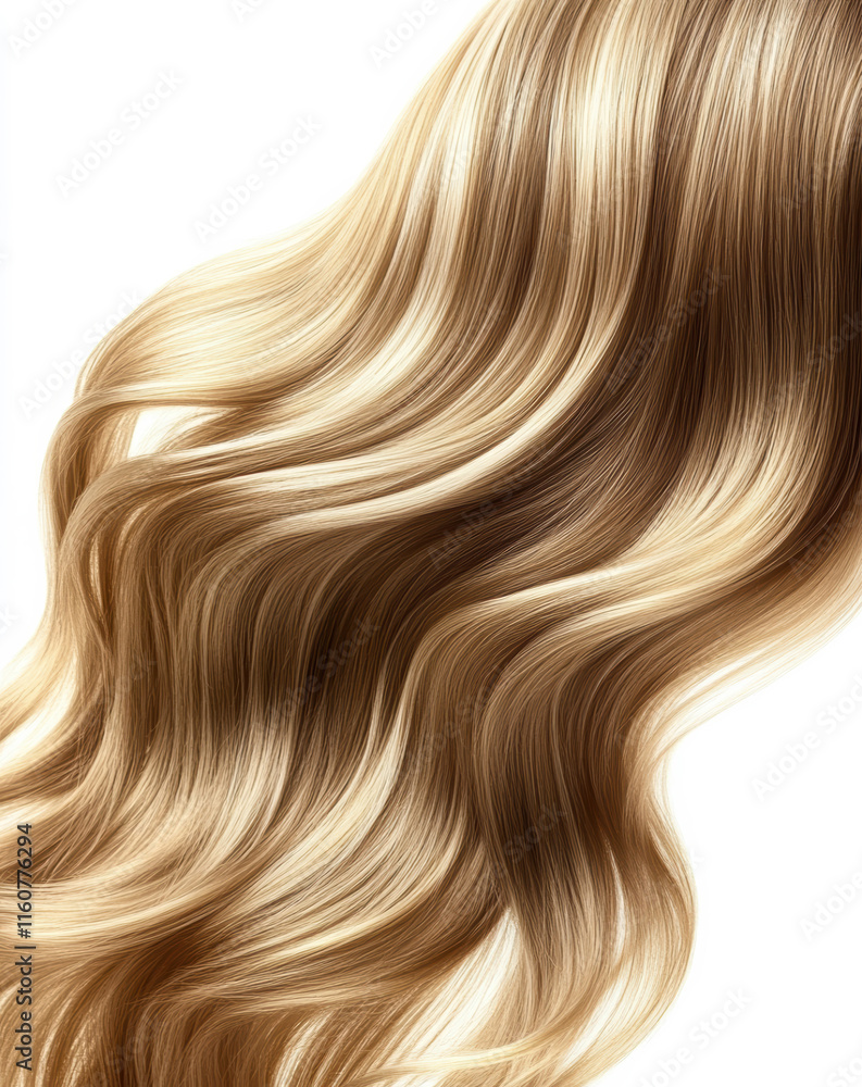 Shiny wavy hair with blonde highlights flowing gracefully over a white background in a beauty-focused composition Shiny wavy hair with blonde highlights flowing gracefully over a white background in a beauty-focused composition