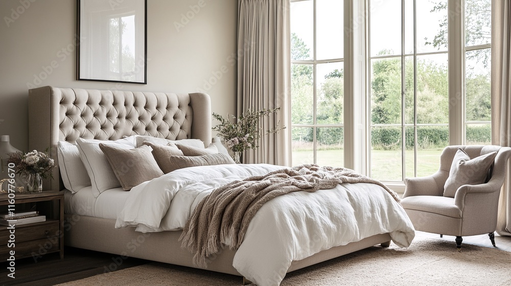 A serene bedroom scene featuring a large bed with tufted headboard and matching armchair set against a backdrop of floor-to-ceiling windows overlooking a lush green landscape. A serene bedroom scene featuring a large bed with tufted headboard and matching armchair set against a backdrop of floor-to-ceiling windows overlooking a lush green landscape.