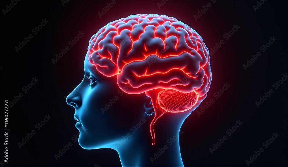 Human brain showing in red glowing anatomy. Human brain showing in red glowing anatomy.