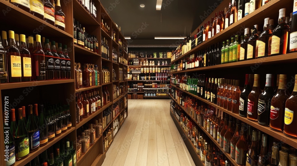 Liquor Store Aisle: A captivating perspective down a well-stocked liquor store aisle, showcasing an array of spirits, wines, and other beverages. Liquor Store Aisle: A captivating perspective down a well-stocked liquor store aisle, showcasing an array of spirits, wines, and other beverages.