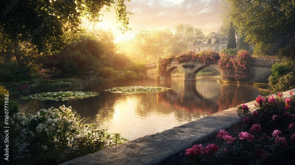 Fototapeta premium Sunlit stone bridge over calm water in a blooming garden.