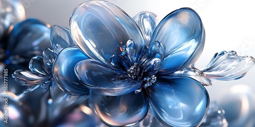 Abstract blue glass flower with shiny petals and transparent stem. photo