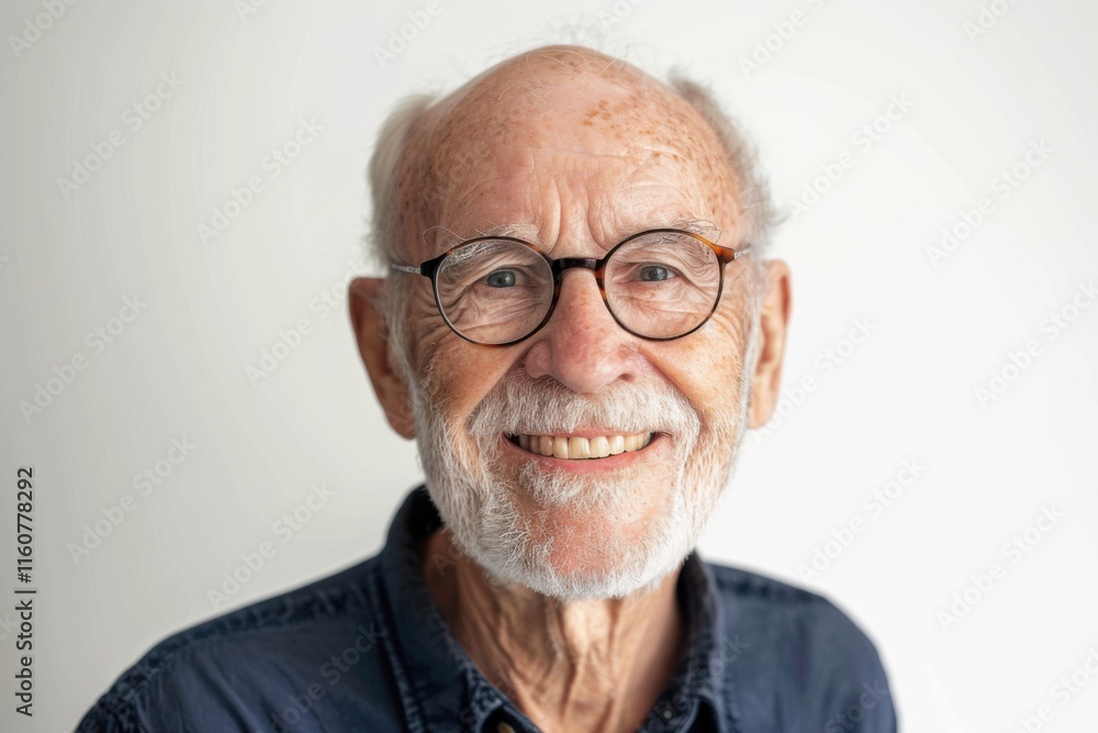 An elderly man with glasses, smiling confidently with a gentle demeanor, captured on a bright white background, clean and focused An elderly man with glasses, smiling confidently with a gentle demeanor, captured on a bright white background, clean and focused