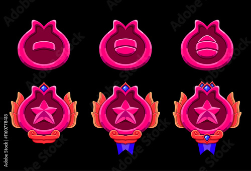 Pink cute patent level game badge set. Fantasy style, gemstone, wings, ribbon and star.