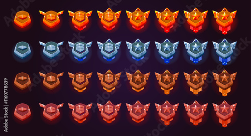 Realistic metallic game rank badges collection. Gold, golden, silver, silvered, bronze, wooden, woody and wood materials. Wings, gemstone, ribbon and star.