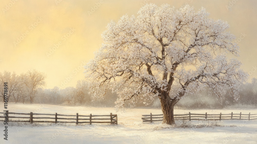 Frosty sunrise over snow-covered field with lone tree and wooden fence. Frosty sunrise over snow-covered field with lone tree and wooden fence.