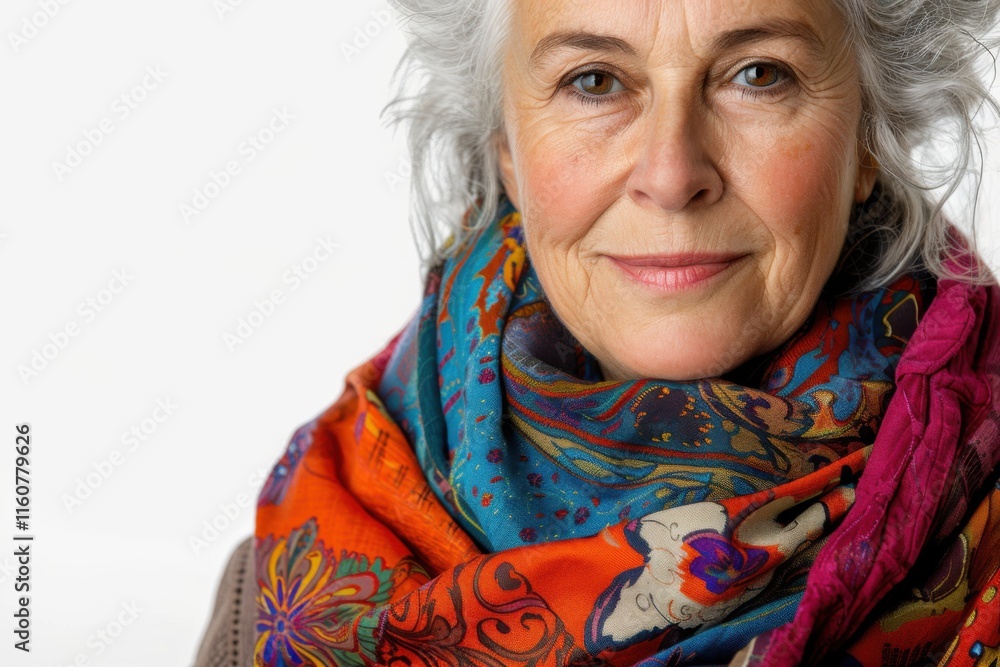 An older woman with shimmering silver hair, wearing a colorful scarf, her expression a blend of wisdom and warmth, isolated on a white background An older woman with shimmering silver hair, wearing a colorful scarf, her expression a blend of wisdom and warmth, isolated on a white background