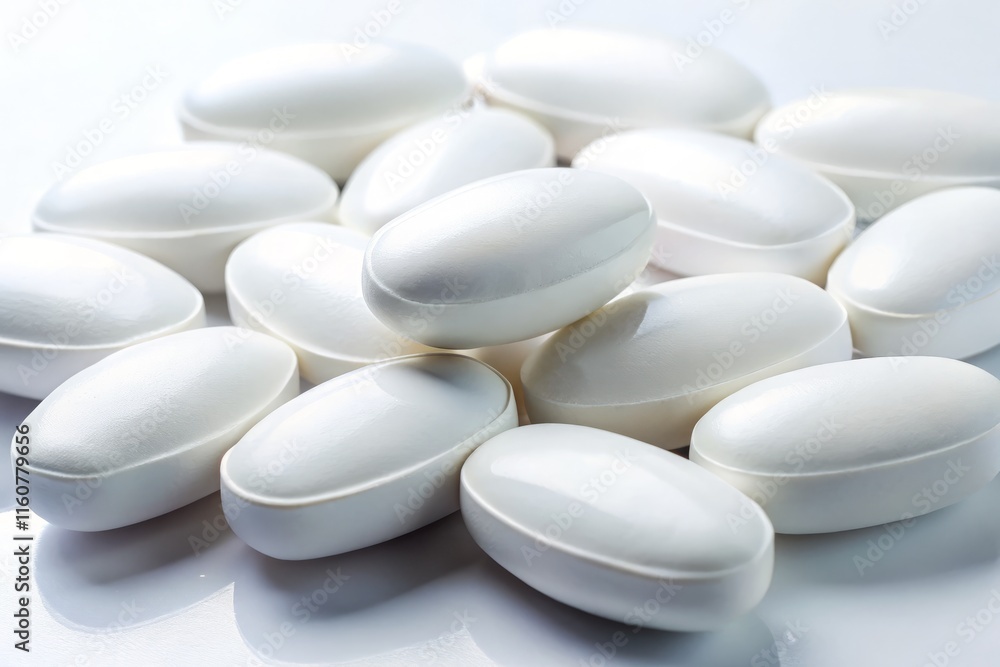 Oval White Pills: Close-Up Stack of Smooth Medicine Tablets for Health & Wellness Oval White Pills: Close-Up Stack of Smooth Medicine Tablets for Health & Wellness