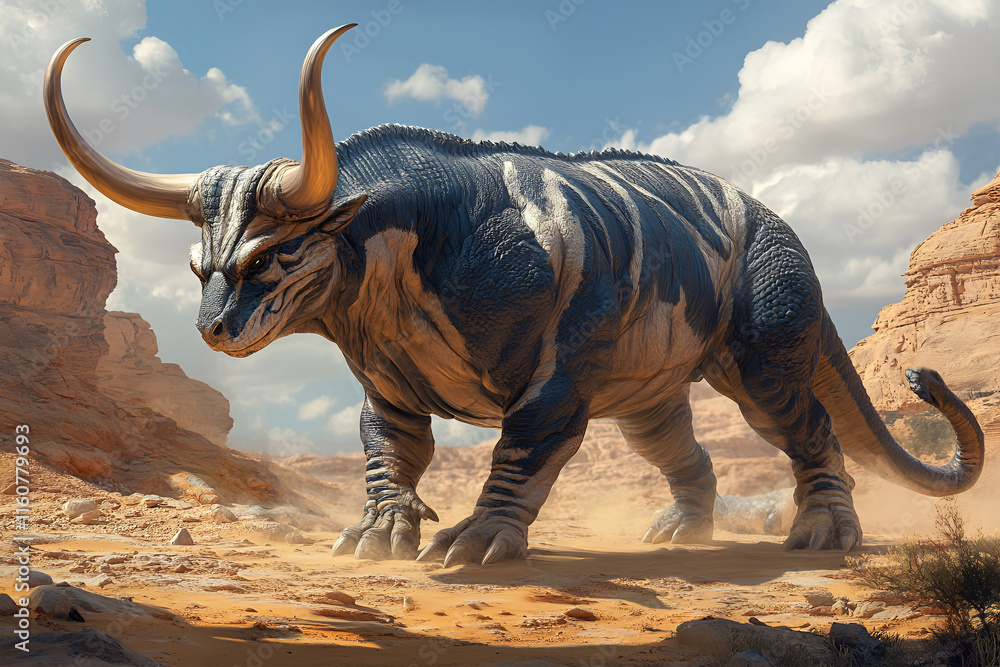Fototapeta premium Scene of a powerful bull with massive horns made from a combination of a lizard and a bull