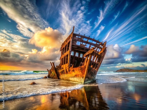 Oregon Coast Shipwreck: Peter Iredale Wide-Angle Photography - Pacific Ocean Rusting Vessel photo