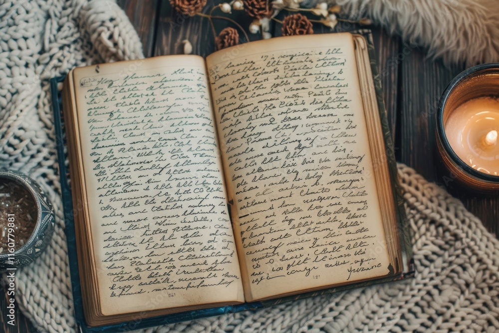 Obraz premium An open journal displayed on a flat surface, its pages filled with handwritten reflections and affirmations, surrounded by a calming ambiance, symbolizing a mental wellness journey