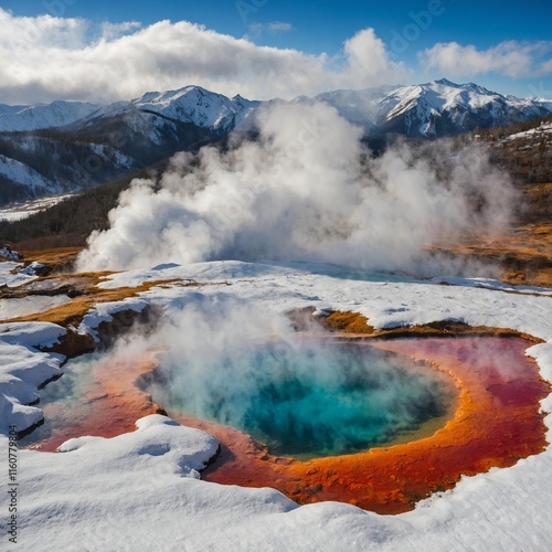 A colorful hot spring in the mountains surrounded by steam and snow-covered slopes. photo