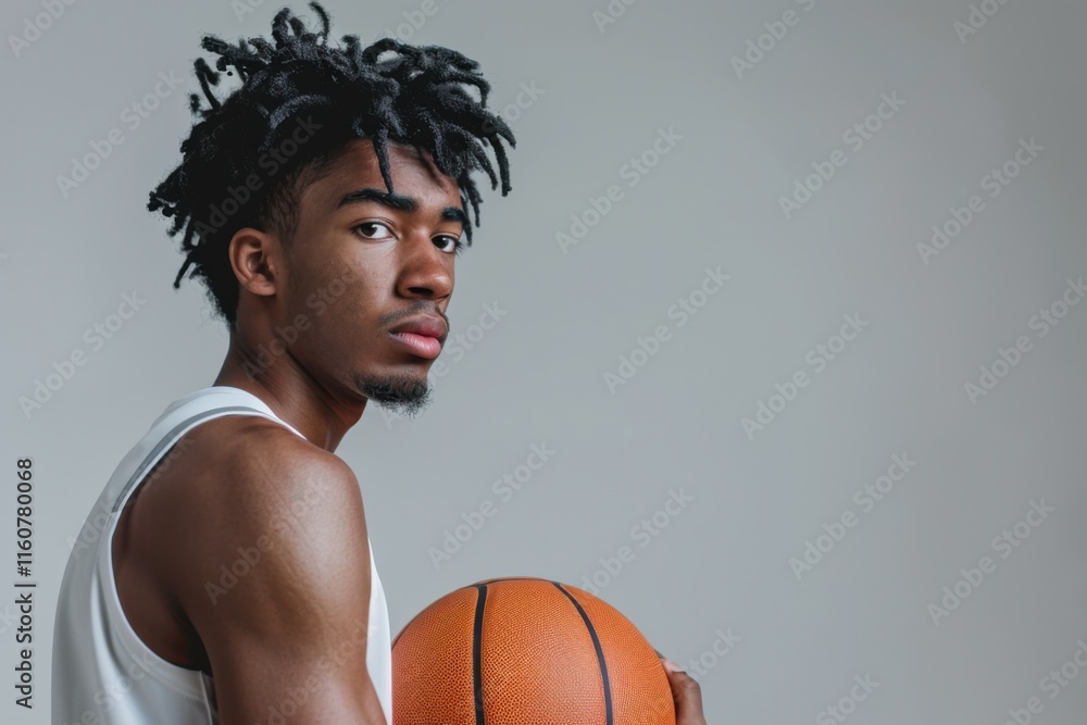 Athletic male basketball player confidently holding a ball, his determined posture captured on a simple white background Athletic male basketball player confidently holding a ball, his determined posture captured on a simple white background