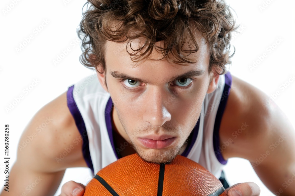 Basketball player in a ready pose, gripping the ball with intensity, his expression reflecting focus and passion, set against a clean white background