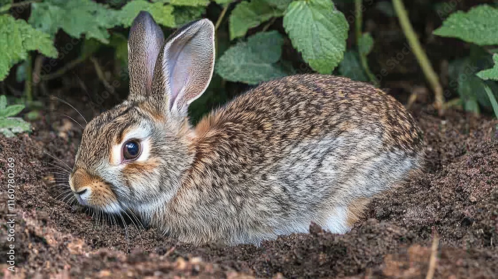 A rabbit resting on the ground among foliage, showcasing its natural habitat. A rabbit resting on the ground among foliage, showcasing its natural habitat.