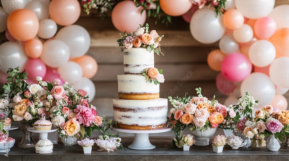 A three-tiered wedding cake with white frosting and pink flowers on top sits between two vases of pink roses. A three-tiered wedding cake with white frosting and pink flowers on top sits between two vases of pink roses.