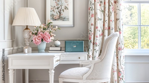 A white desk with drawers and a lamp on top of it, a chair, and a painting on the wall. photo