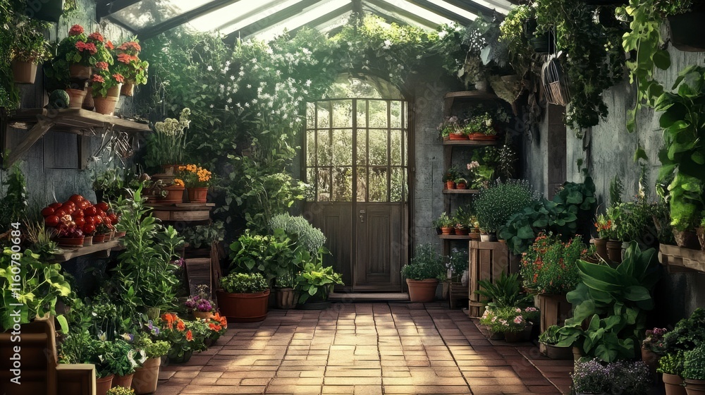 Sunlit Greenhouse Filled with Lush Greenery and Blooming Flowers Sunlit Greenhouse Filled with Lush Greenery and Blooming Flowers