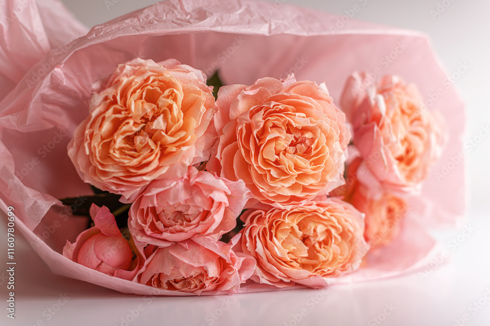 Close-up bouquet of airy roses on a white table.
