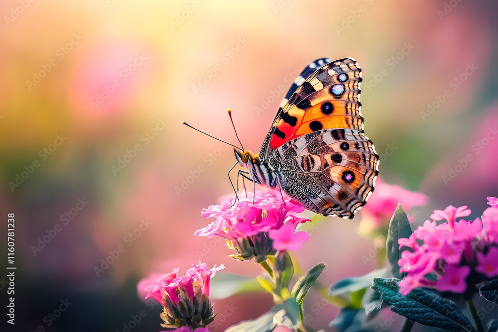 Butterfly is perched on a pink flower. Concept of tranquility and beauty, as the delicate butterfly rests on the vibrant petals. The scene captures the essence of nature
