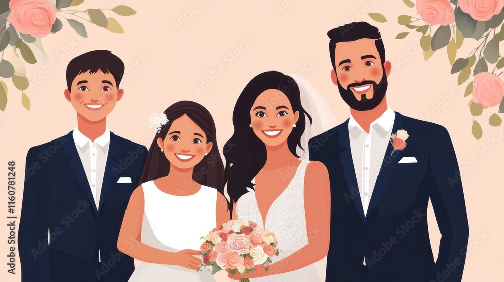 Smiling Family Wedding Portrait, Joyful Celebration, Pastel Background Smiling Family Wedding Portrait, Joyful Celebration, Pastel Background