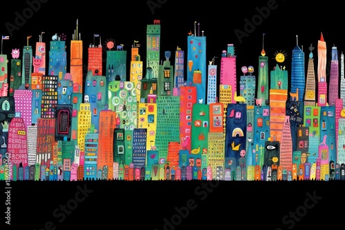 Colorful city skyline filled with playful buildings and whimsical characters at night