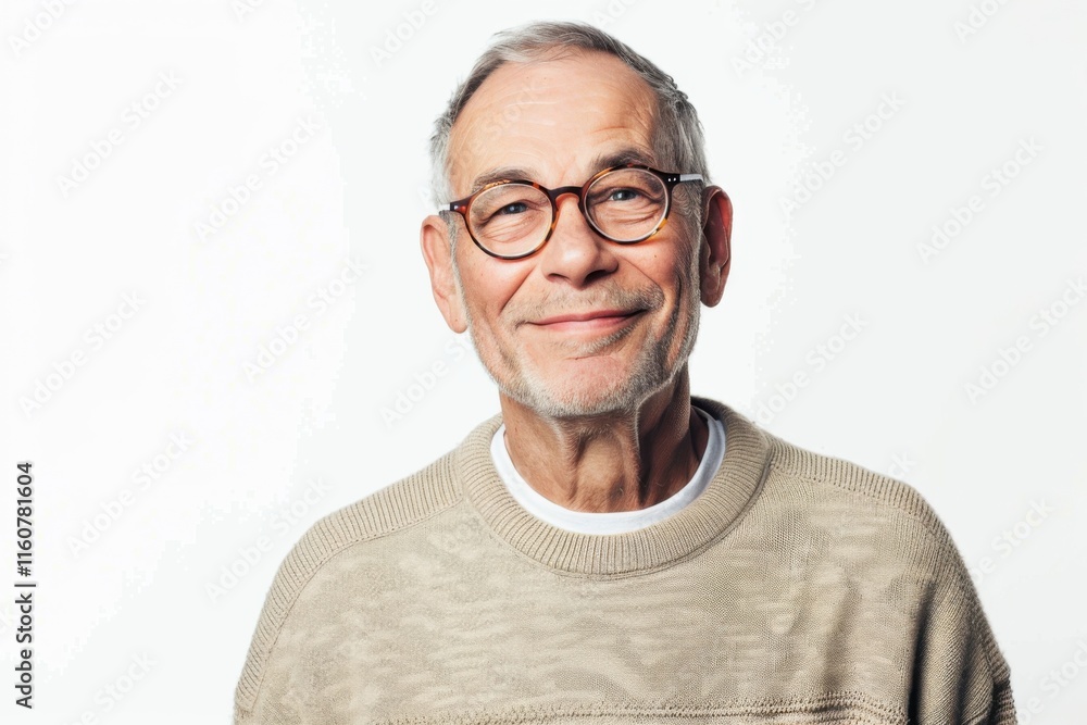 Cheerful senior man with glasses, his smile radiating wisdom and joy, standing against a clear white isolated background, minimalistic and warm Cheerful senior man with glasses, his smile radiating wisdom and joy, standing against a clear white isolated background, minimalistic and warm