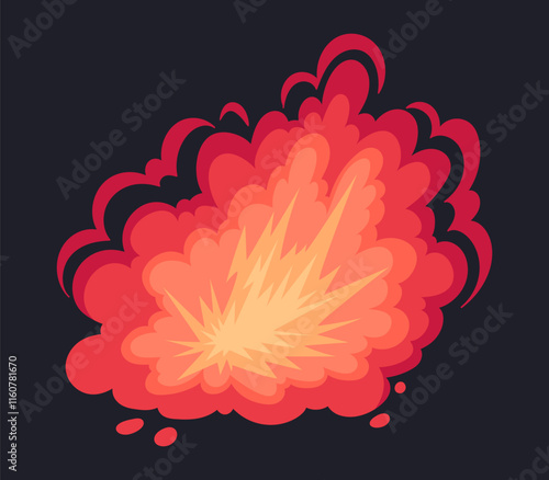 Fire explosion cloud. Cartoon bomb detonation, danger fire burning cloud with fire and smoke flat vector illustration. Dynamite detonation cloud