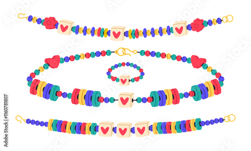 Friendship bead bracelets. Handmade plastic friendship jewelry, kids handcraft cute accessories with colored beads flat vector illustration set. Cartoon friendship jewelry