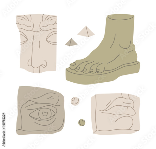 Greek statues parts. Ancient sculptures body parts for art class, marble foot, lips and eye, greek god and goddess sculptures parts flat vector illustration set. Classic sculpture art elements